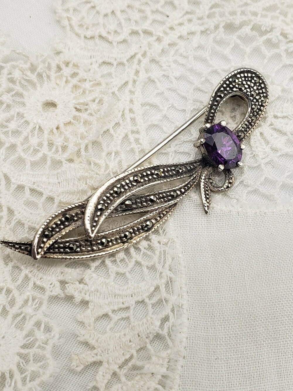 Sterling Silver & Malachite w/ Deep Purple Brooch -Vintage Grandma 925